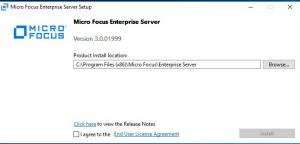 La captura de pantalla muestra el cuadro de diálogo Micro Focus Enterprise Server, en el que puede iniciar la instalación.