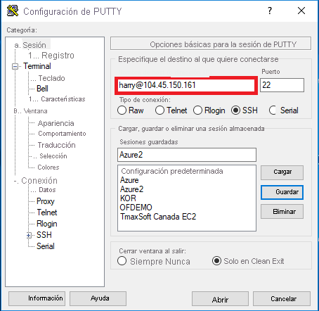 Captura de pantalla que muestra el cuadro de diálogo de configuración de PuTTy y resalta el campo Nombre de host (o Dirección IP).