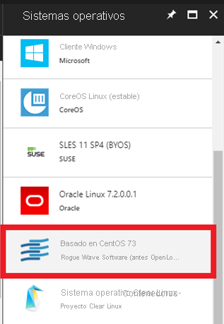 Opciones de sistema operativo en Azure Portal