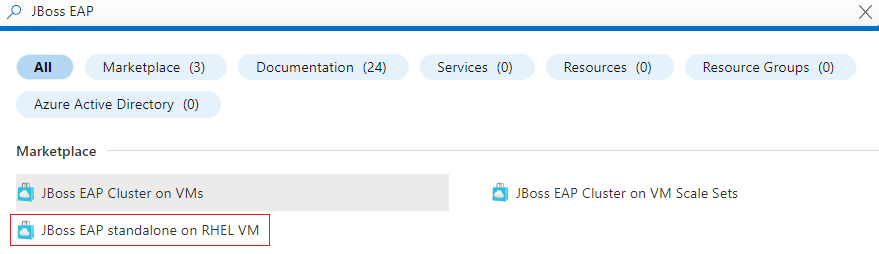 Captura de pantalla de Azure Portal en la que se muestra JBoss EAP Server en la máquina virtual de Azure en los resultados de búsqueda.