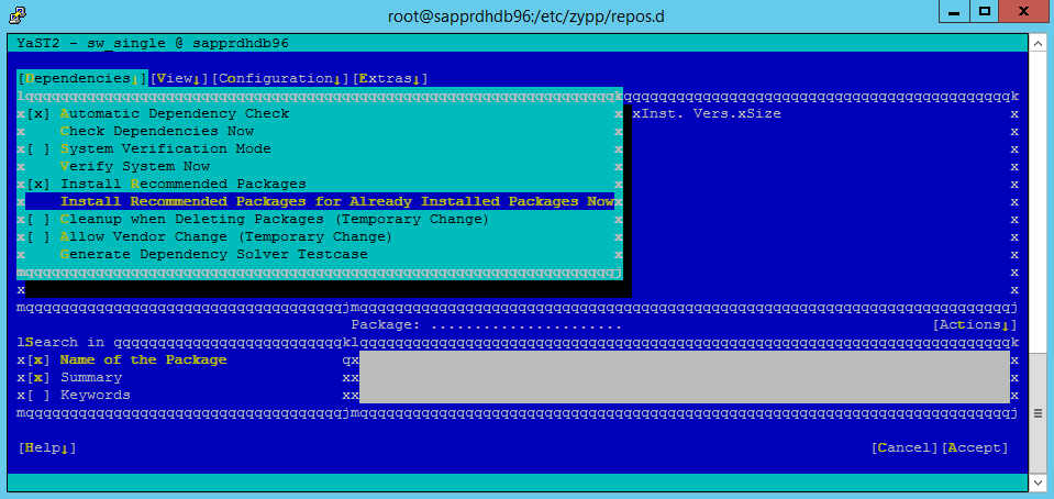 Captura de pantalla que muestra una ventana de consola con la opción Instalar paquetes recomendados seleccionada.