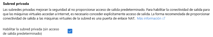 Captura de pantalla de Azure Portal en la que se muestra la opción de subred privada.