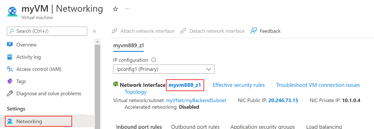 Captura de pantalla de la selección de interfaz de red y de las redes de myVM.