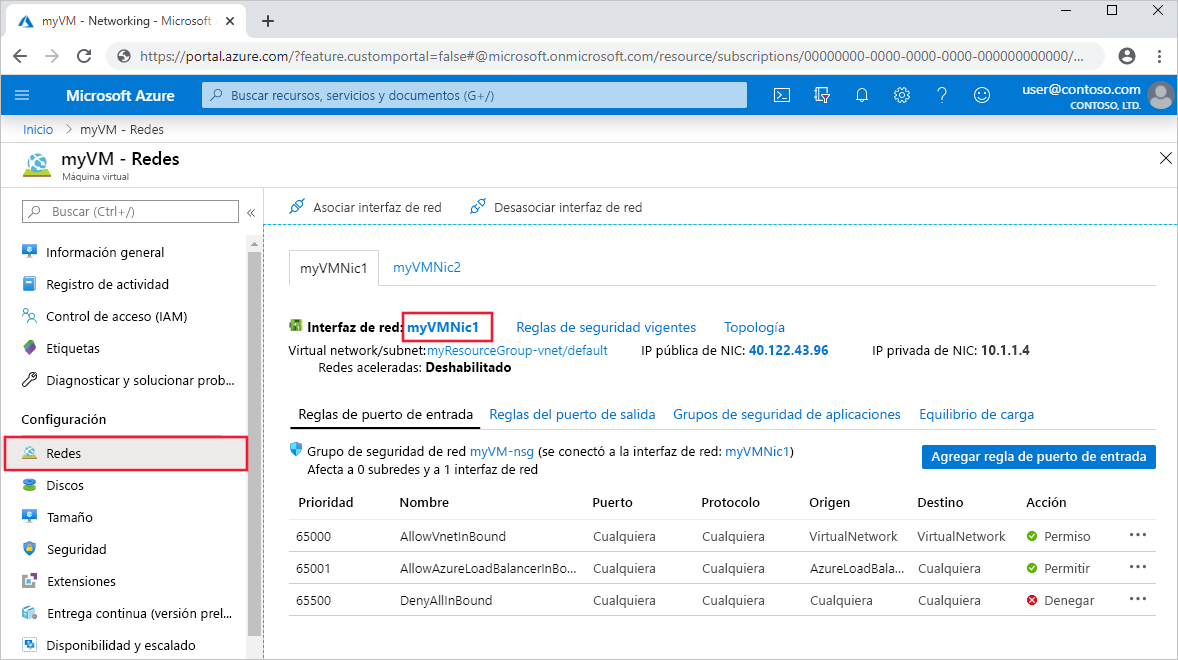 Captura de pantalla que muestra la configuración de la interfaz de red virtual en Azure Portal.