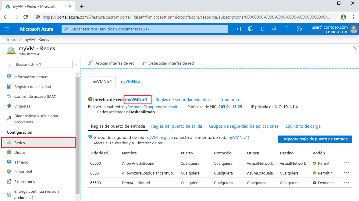 Captura de pantalla que muestra la configuración de la interfaz de red virtual en Azure Portal.