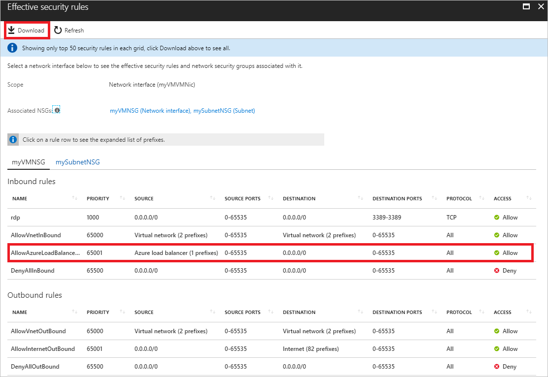 Captura de pantalla que muestra el panel Reglas de seguridad vigentes con la opción Descargar selección y la regla de entrada AllowAzureLoadBalancerInbound seleccionada.