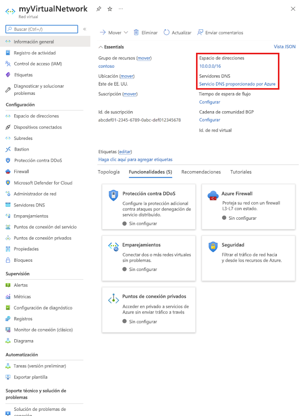 Captura de pantalla de la página de información general de la red virtual. Incluye información esencial como el grupo de recursos, la información de la suscripción y del DNS.