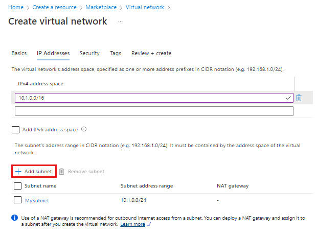 Captura de pantalla de la edición de la pestaña Dirección IP para una red virtual.