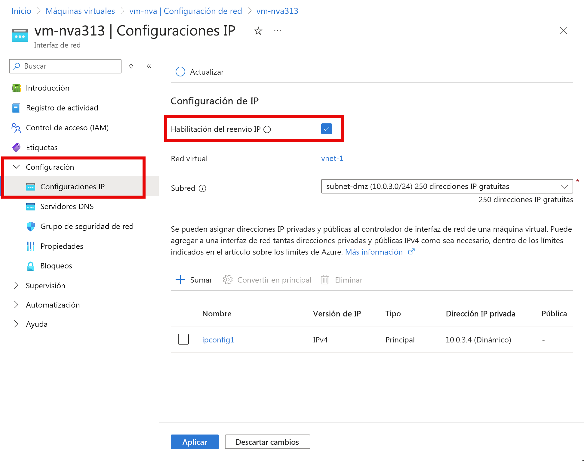 Screenshot of enablement of IP forwarding.