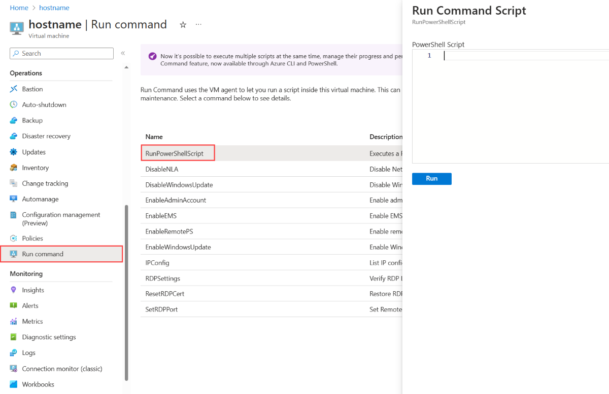 Captura de pantalla que muestra la página Ejecutar comando para una máquina virtual Windows y resalta la característica RunPowerShellScript.