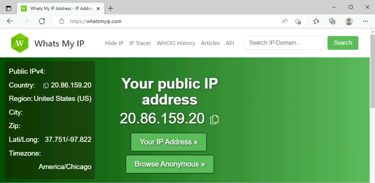 Internet Explorer que muestra la dirección IP saliente externa