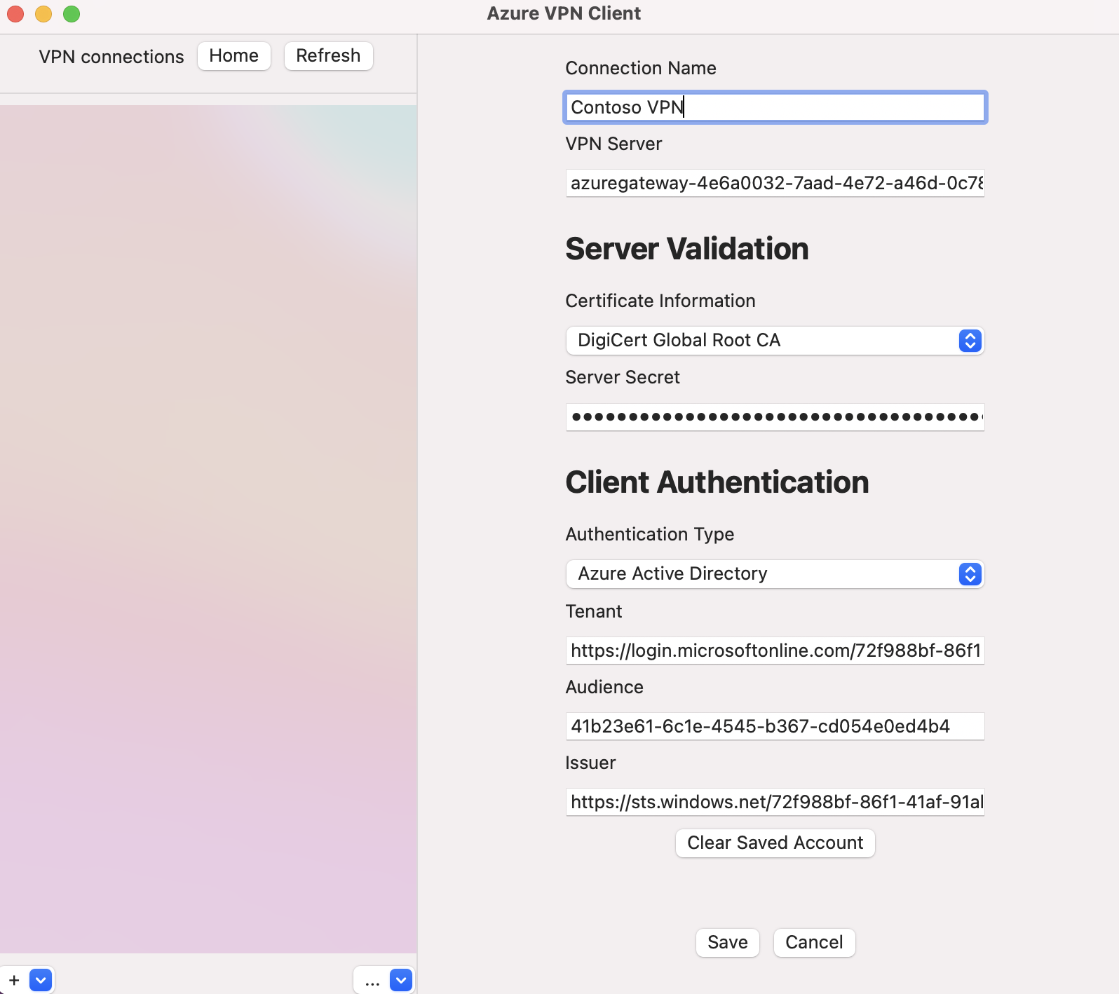 Captura de pantalla del cliente VPN de Azure cuando se guarda la configuración del perfil importado.