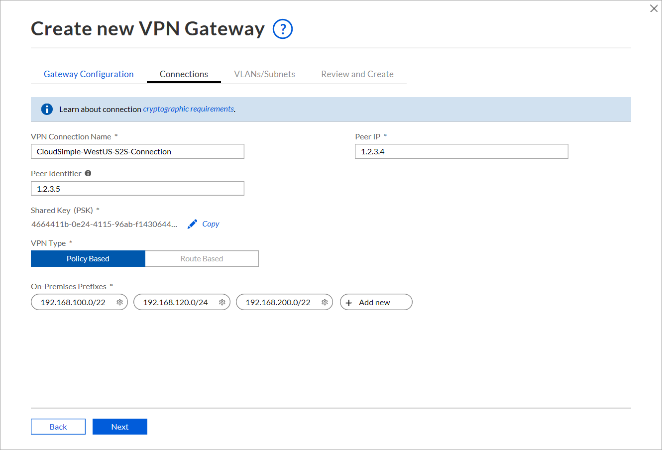 Creación de una conexión de puerta de enlace de VPN de sitio a sitio