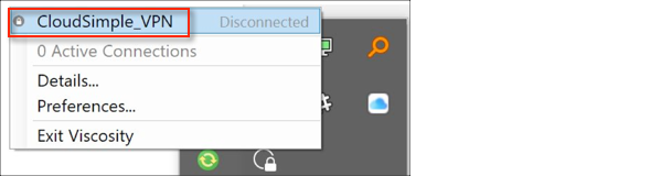 Captura de pantalla que muestra el estado de conectividad de VPN de CloudSimple.