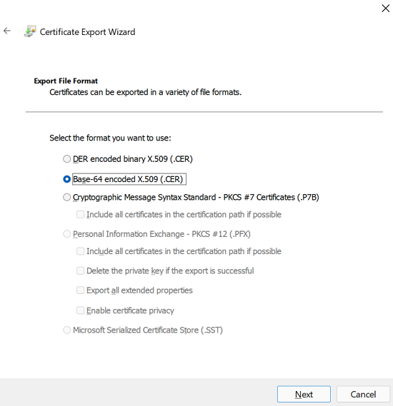 Captura de pantalla que muestra la exportación como archivo X.509 codificado en Base 64.