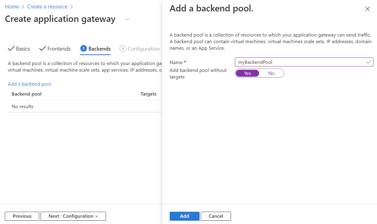 Captura de pantalla de Crear una puerta de enlace de aplicación (Application Gateway): back-ends.