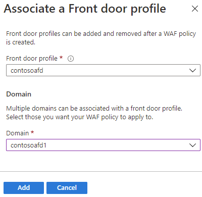 Captura de pantalla que muestra la página para asociar un perfil de Front Door.
