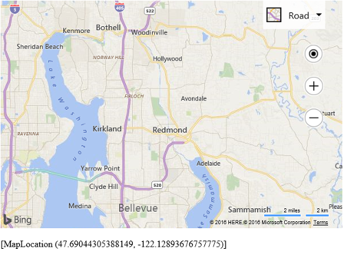 Screenshot of a Bing map showing a map of the Redmond, Washington, area with a caption showing the Map Location information below.