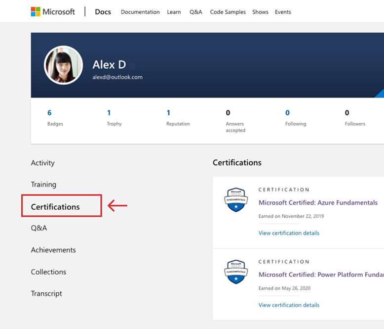 Microsoft Learn profile screen with the Certifications tab highlighted in the navigation.