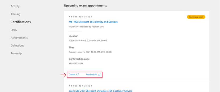 A Microsoft Learn profile with the Certifications tab selected in navigation. The Cancel and Reschedule links are highlighted on a listed certification.