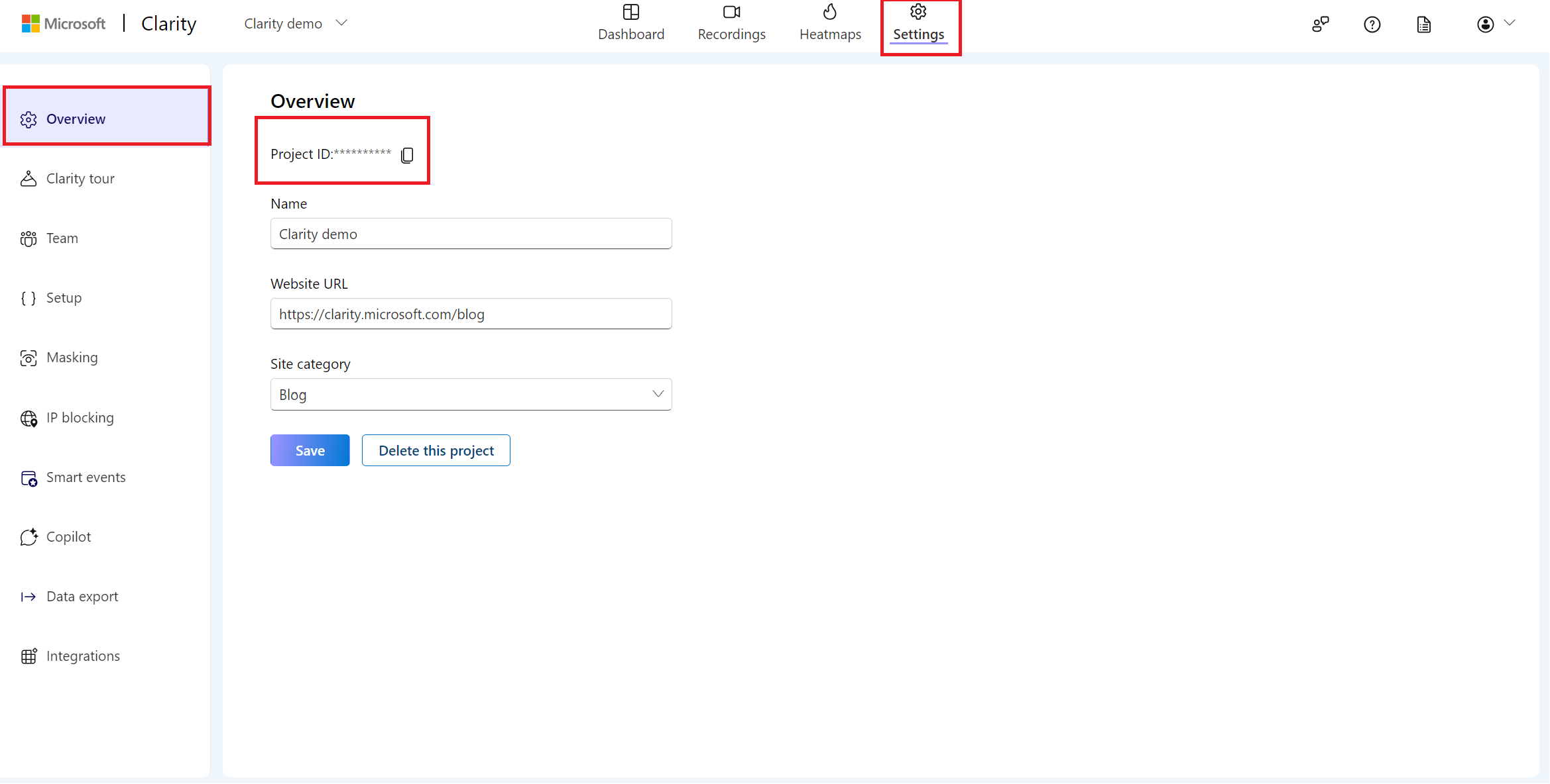 Copy your Clarity project ID for SharePoint.
