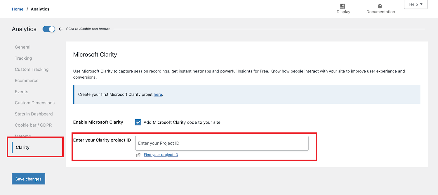 Select clarity in analytics page and enter project id.