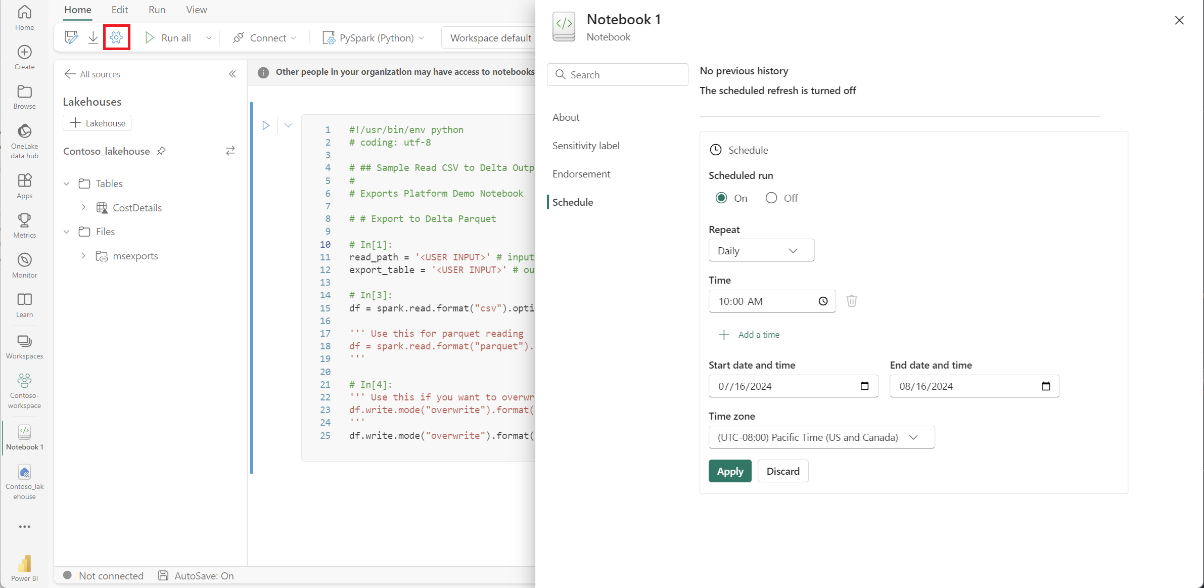 Captura de pantalla que muestra la pestaña Programación para automatizar la ingesta de datos.