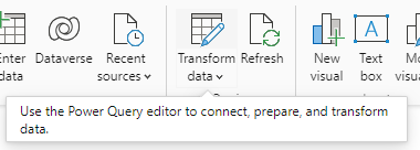 Captura de pantalla del botón Transformar datos en la barra de herramientas de Power BI Desktop.