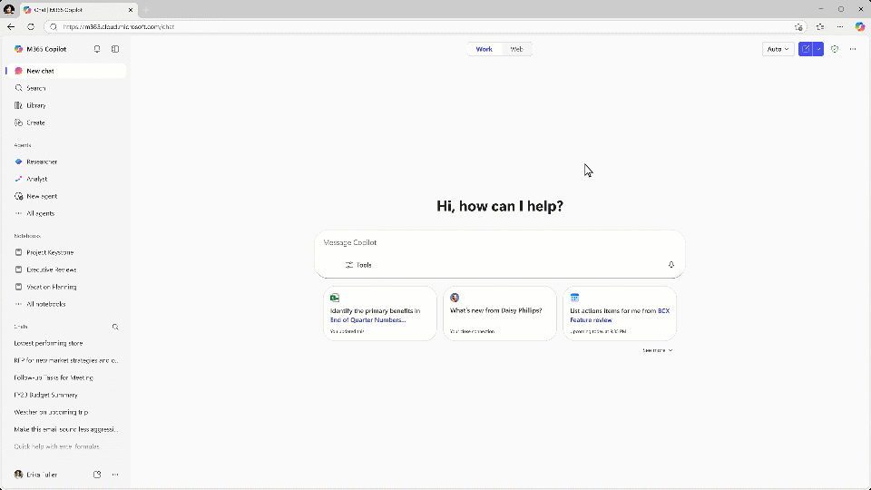 Animación que muestra la interacción con el selector de modelos en Microsoft 365 Copilot Chat.
