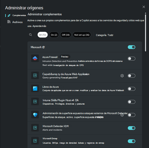 Captura de pantalla en la que se muestra activar o desactivar alternancias para complementos.