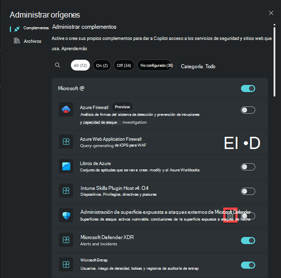 Captura de pantalla que muestra personalizar la configuración del complemento.
