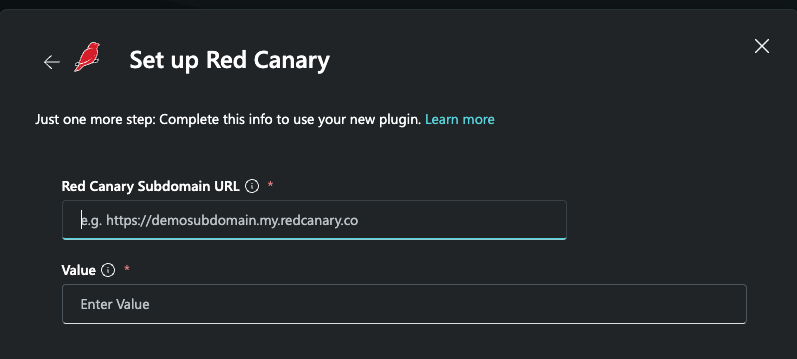 Captura de pantalla que muestra dónde escribir la dirección URL de Red Canary y la clave de API.