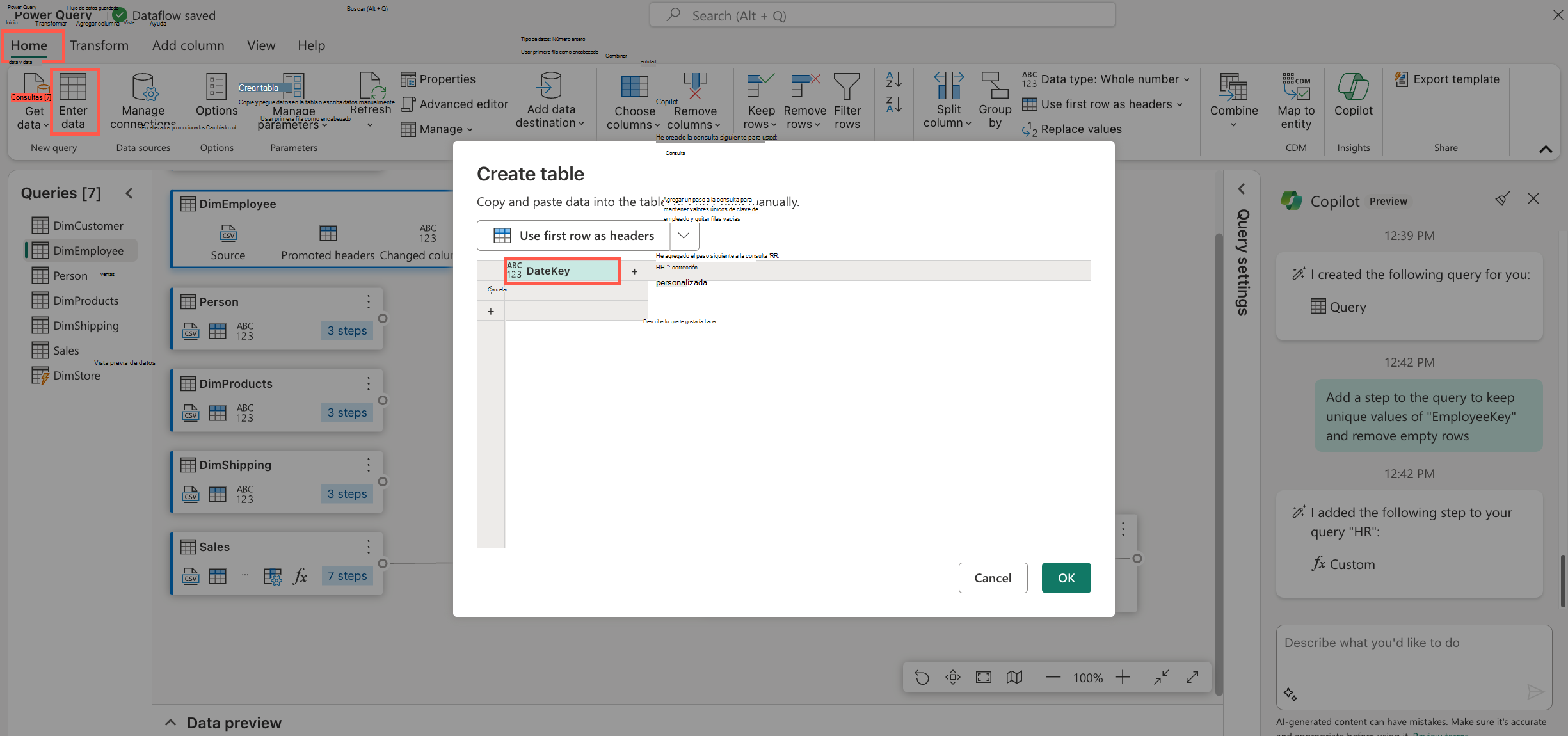 Captura de pantalla de la interfaz de Microsoft Power Query con la ventana Crear tabla abierta. La pestaña Inicio y la opción Entrar datos se resaltan en la parte superior.