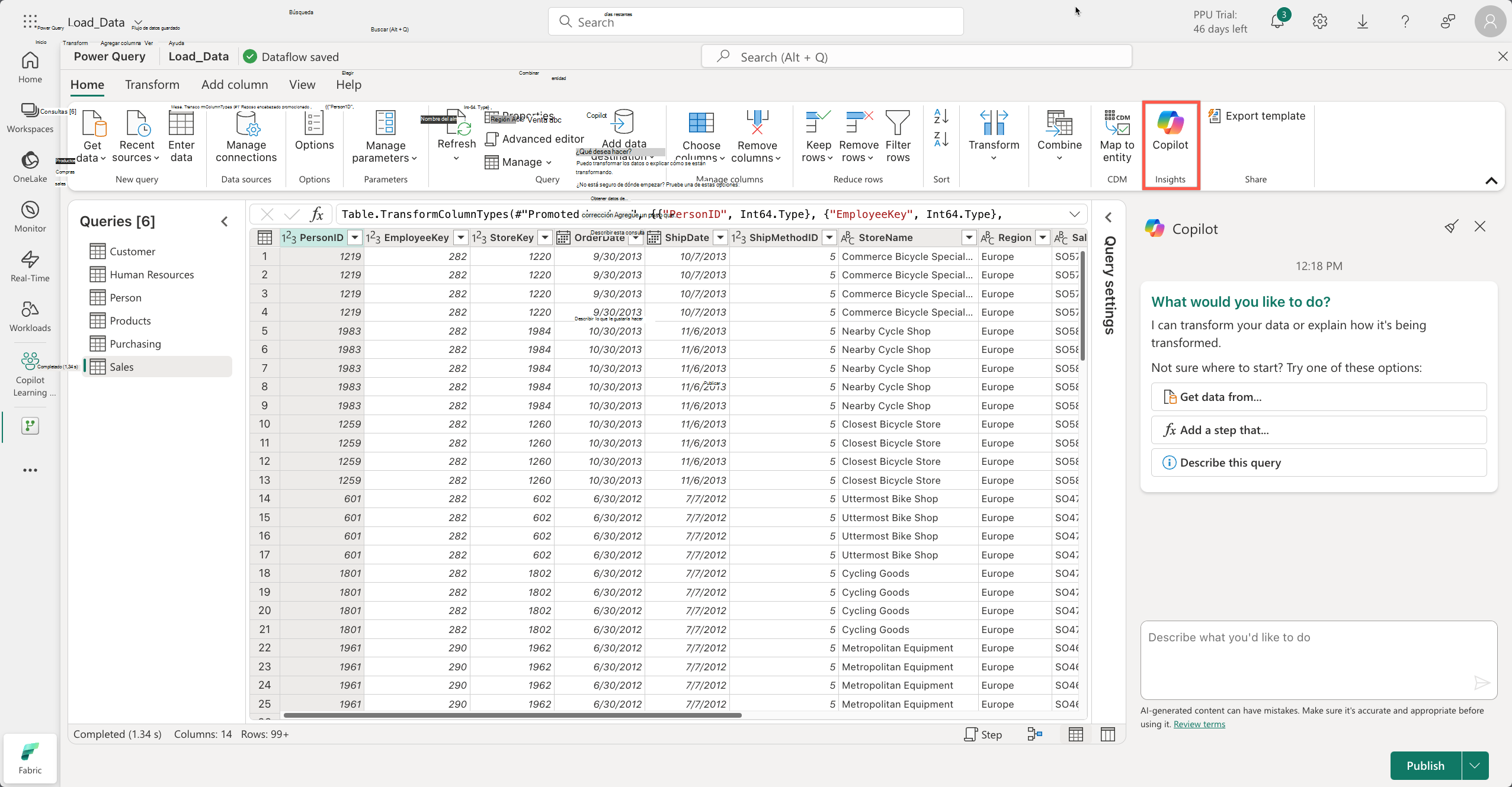 Captura de pantalla de la interfaz de Microsoft Power Query con el panel Copilot abierto a la derecha. La pestaña Inicio y las opciones de Copilot se resaltan en la parte superior.