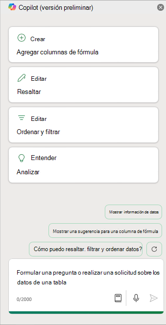 Copilot en el panel de Excel.