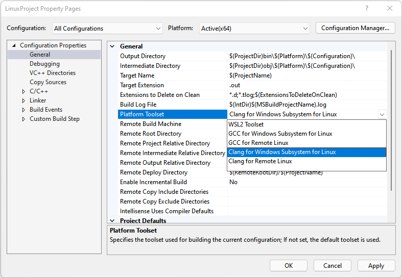 Captura de pantalla del cuadro de diálogo Páginas de propiedades del proyecto de Visual Studio 2019