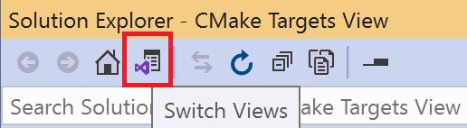 Captura de pantalla del explorador de soluciones de Visual Studio que muestra el botón para cambiar de vistas. Se encuentra a la derecha del botón Inicio.