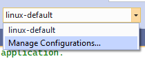 Captura de pantalla de la lista desplegable preestablecida de configuración activa de Visual Studio. Administrar configuraciones... está seleccionado.