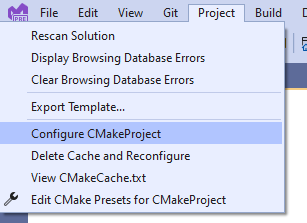 Captura de pantalla de la lista desplegable de configuración del proyecto de Visual Studio. La opción Configurar CMakeProject está seleccionado.