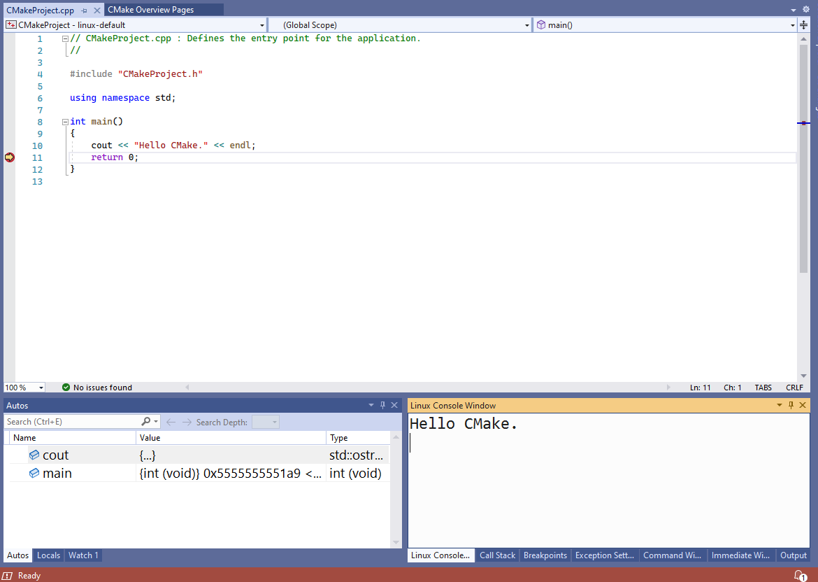 Captura de pantalla de un programa hola mundo en ejecución.