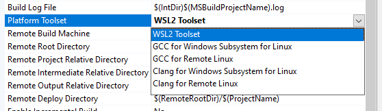 Captura de pantalla de una lista desplegable de Visual Studio con conjunto de herramientas de la plataforma seleccionado y, a la derecha, otra lista desplegable con WSL2 Toolset (Conjunto de herramientas de WSL 2) seleccionado.