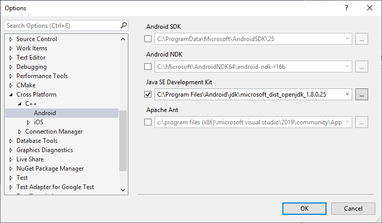Captura de pantalla de las opciones de ruta de acceso de la herramienta Android en el cuadro de diálogo Opciones.