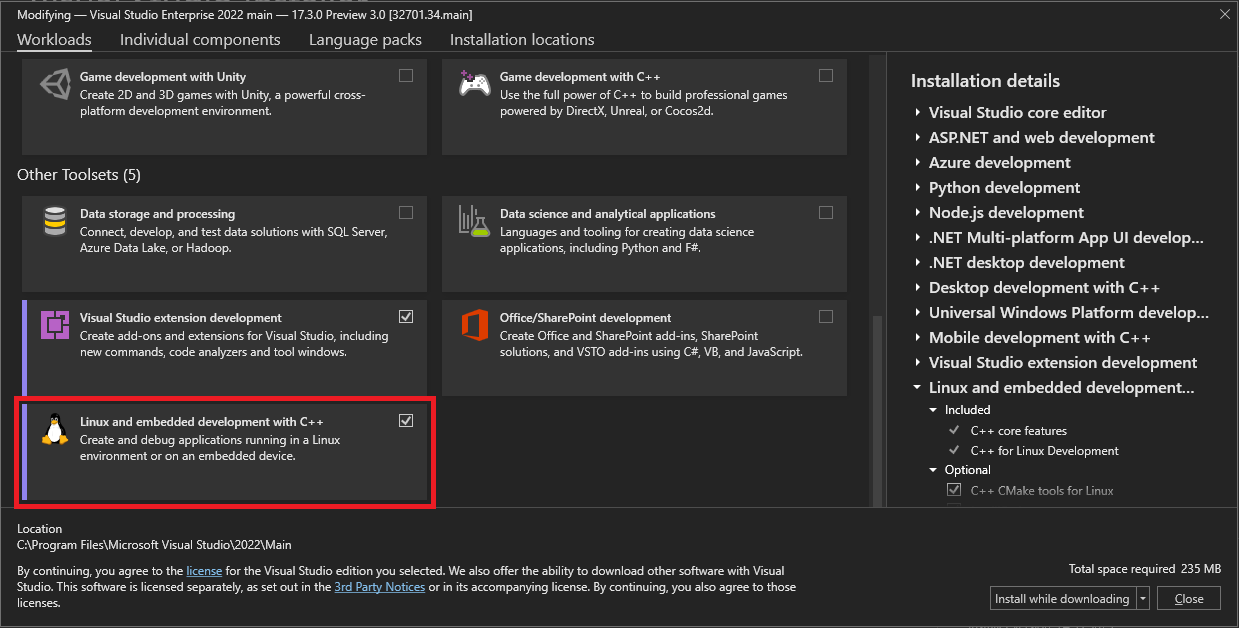 Screenshot showing the Visual C++ for Linux Development workload item in Visual Studio Installer.