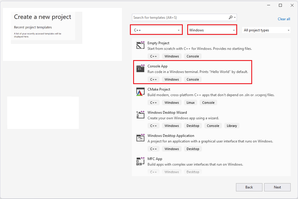 Captura de pantalla del cuadro de diálogo Crear un nuevo proyecto de Visual Studio.