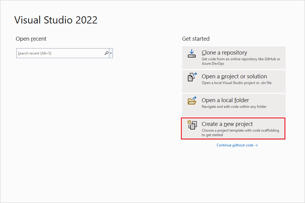 Captura de pantalla del cuadro de diálogo que aparece cuando se inicia Visual Studio 2022.