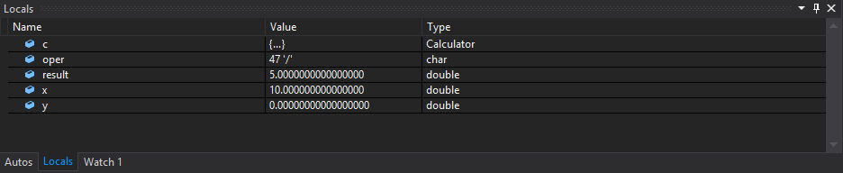 Captura de pantalla de la ventana Variables locales de Visual Studio, en la que se muestran los valores actuales de las variables locales durante la depuración.