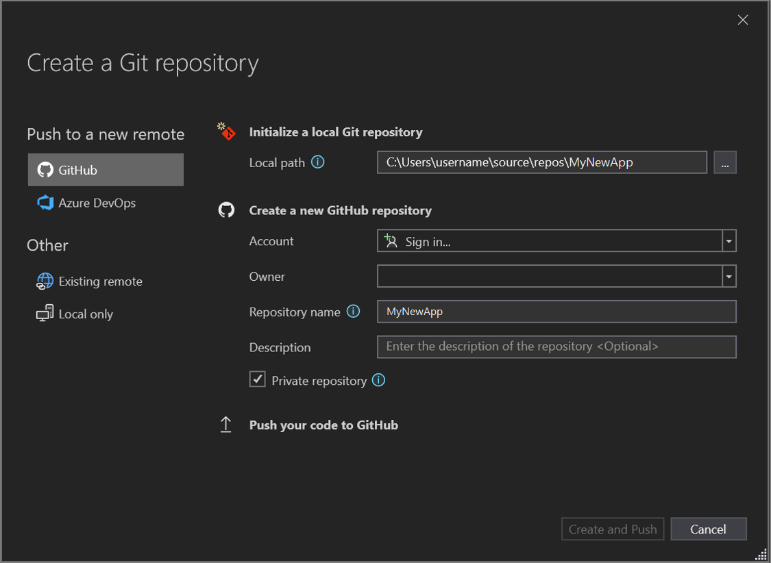 Captura de pantalla de la ventana de diálogo Crear un repositorio de Git donde se crea un nuevo repositorio de GitHub.