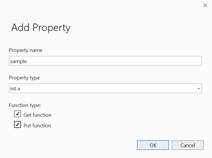 Captura de pantalla del Asistente para agregar propiedades con el campo del nombre del método establecido en sample y el tipo de propiedad establecido en int 
