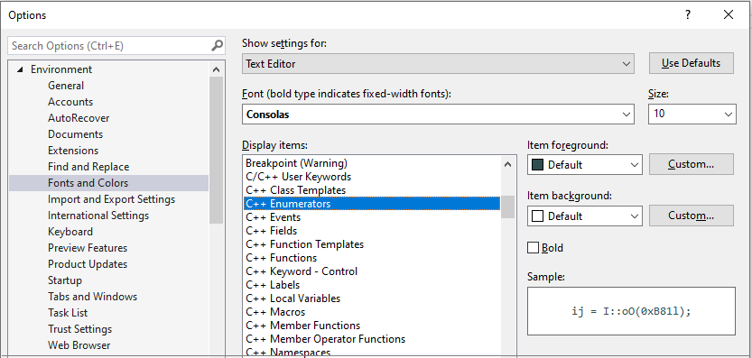 Captura de pantalla de las opciones de fuente y color de C++ que muestra que puede establecer colores para elementos de código de C++, como enumeraciones, funciones, palabras clave, macros, etc.
