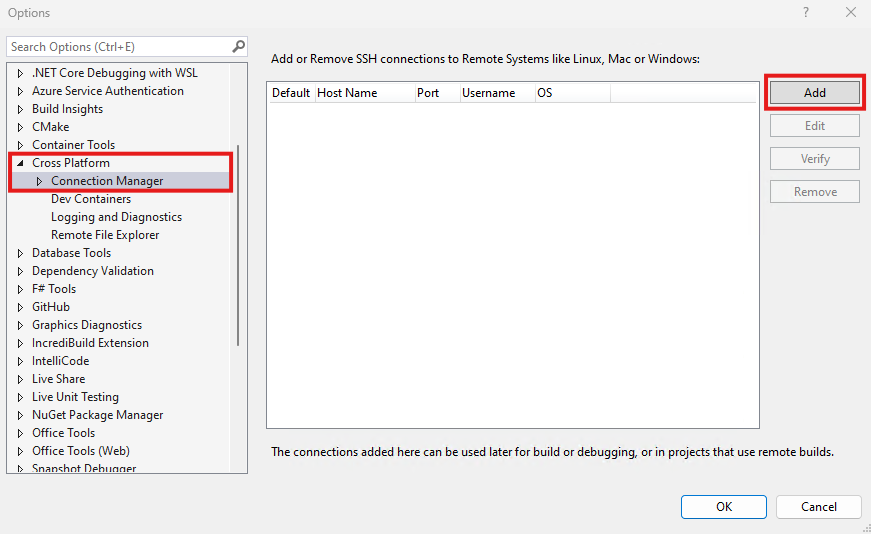 Captura de pantalla del panel de opciones de Visual Studio.